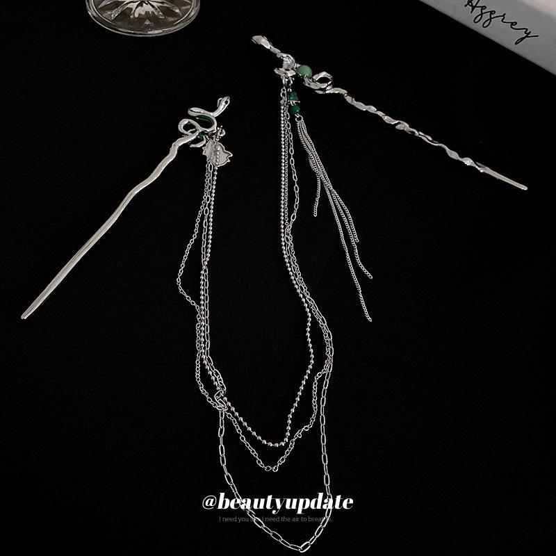 Double Hairpin Can Be Split Serpentine Fringed Hairpin New Chinese Ball Head Disc Hair Fringed Hairpin Light Luxury Temperament Hair Accessories Women