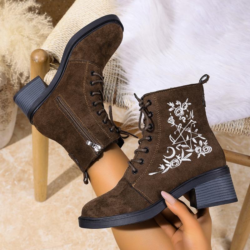 Vintage Embroidered Mid-heel Martin Boots Women's Fall 2025 New Plus-size Block Heel Side Zipper Booties