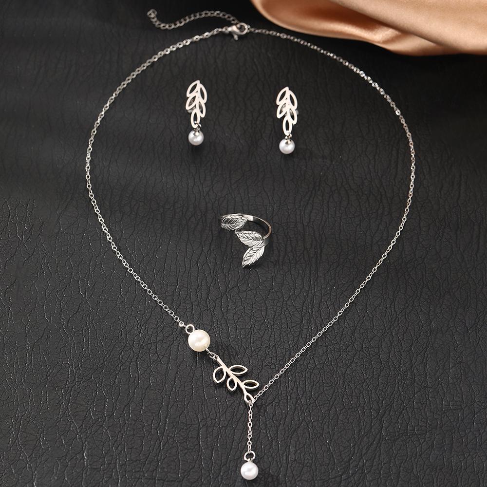 Stainless Steel Zircon Set Leaf Zircon Earrings Zircon Necklace Size Adjustable Leaf Ring Zircon Set For Women Zircon New Style
