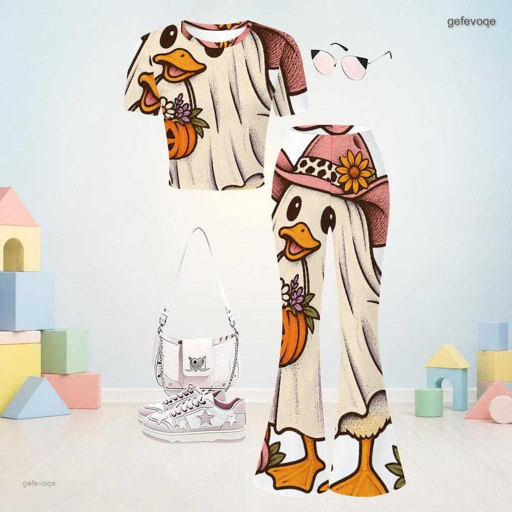 Girls Owl Book Printed Round Neck Short Sleeve Top Flared Pants Two Piece Set