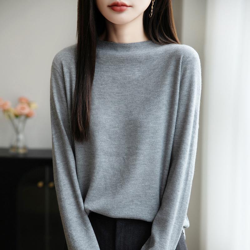 2026 Autumn Women's Thin Wool Blend Knitwear, Half-High Neck Long Sleeve Korean Style Sweater