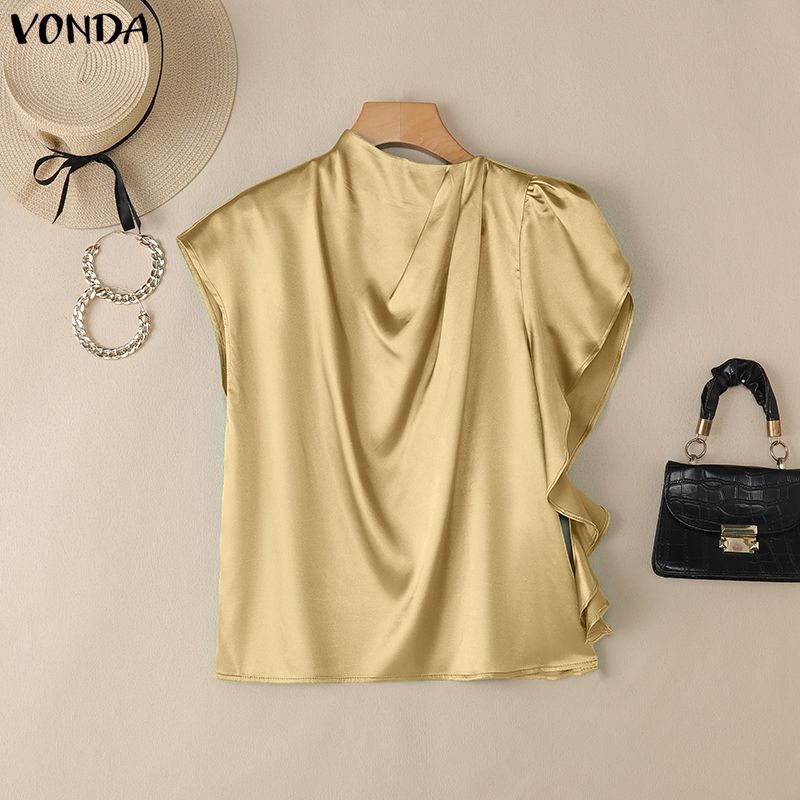 

VONDA Women Elegant Short Sleeve Casual Twisted Satin Tops T-shirts 5XL абрикосовый