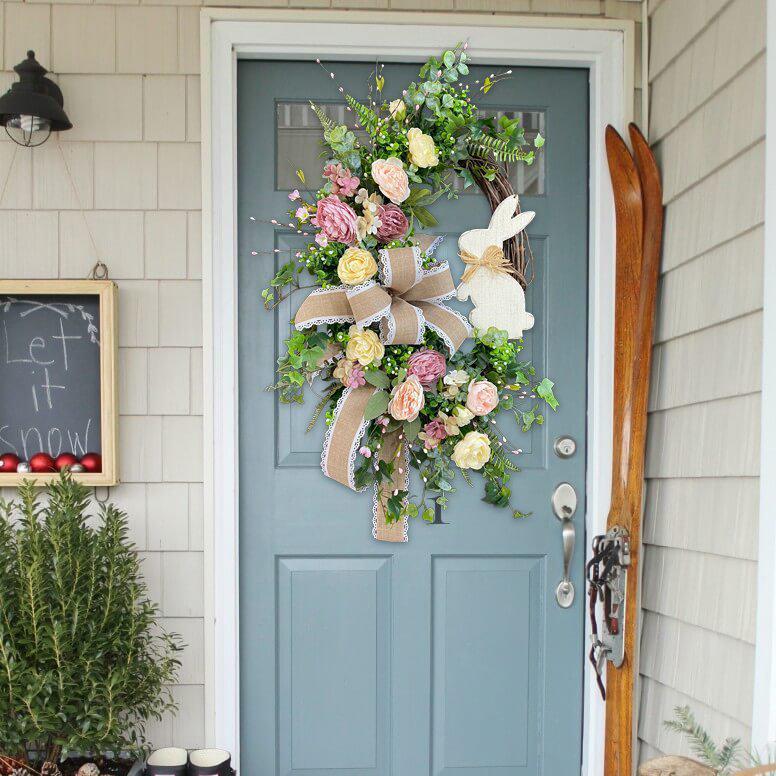 New Easter Wreath with Green Plants, Bowknot, and Rabbit Wall Decor