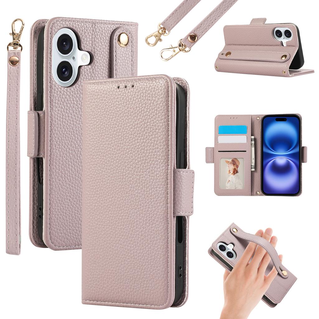 For iPhone 16 Plus Leather Case with Card Holder,Straps,Shockproof Wallet Phone Cover