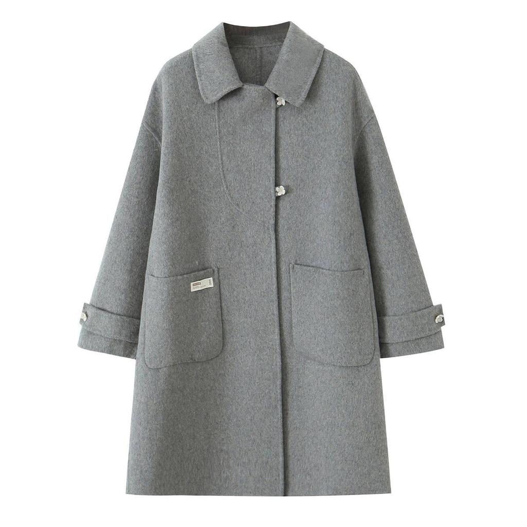 Mid-Length Wool-Cashmere Coat with Doll Collar & Petal Buttons, Double-Faced, Chic Autumn/Winter Style, Youthful Look.