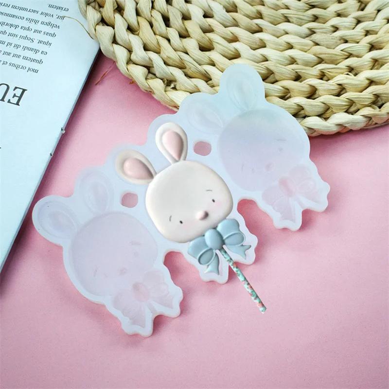 Easter Bunny Design Lollipop Silicone Mold Cute Bow Rabbit Chocolate Candy Mould Cake Decorating Tools for Easter Cupcake Cookie
