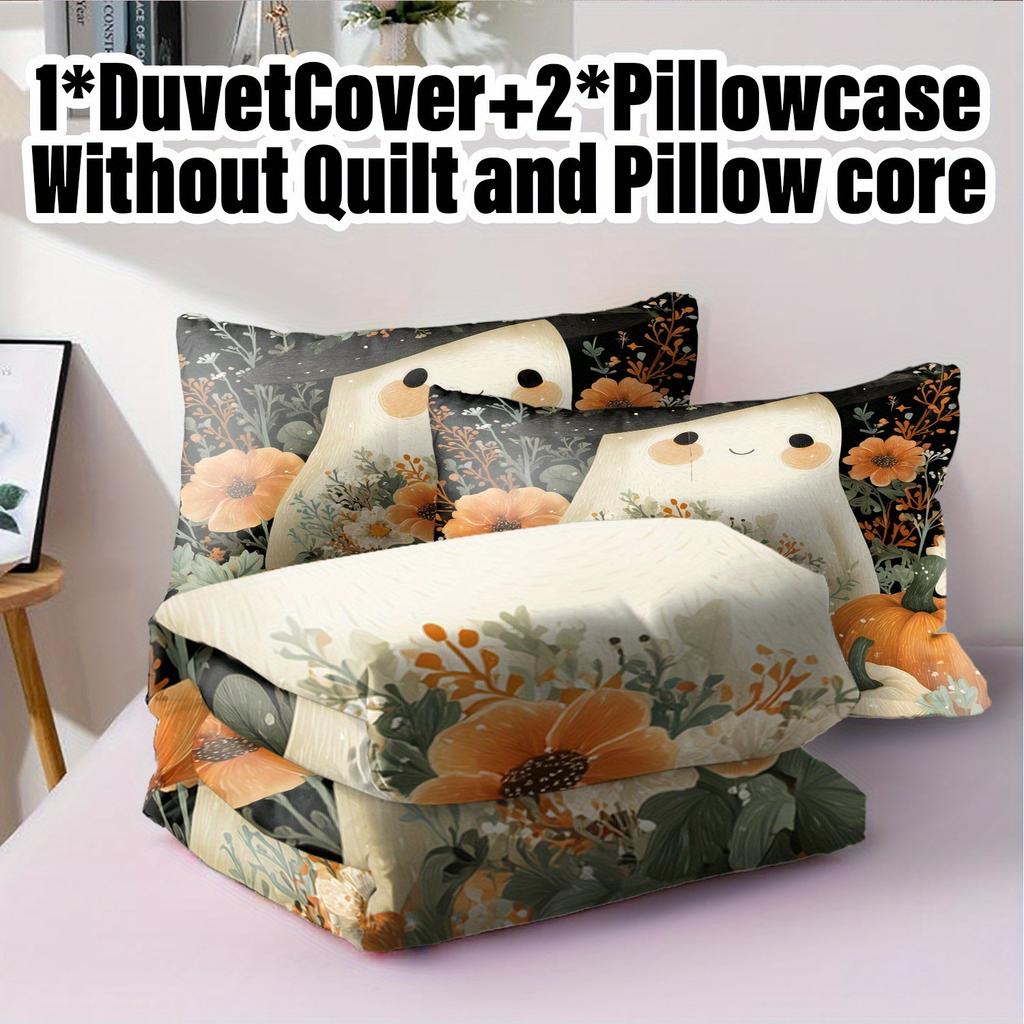 3pcs Halloween Pumpkin Monster Duvet Cover Set without Core Quilt Cover with 2 PillowcasesSoft and Machine Washable