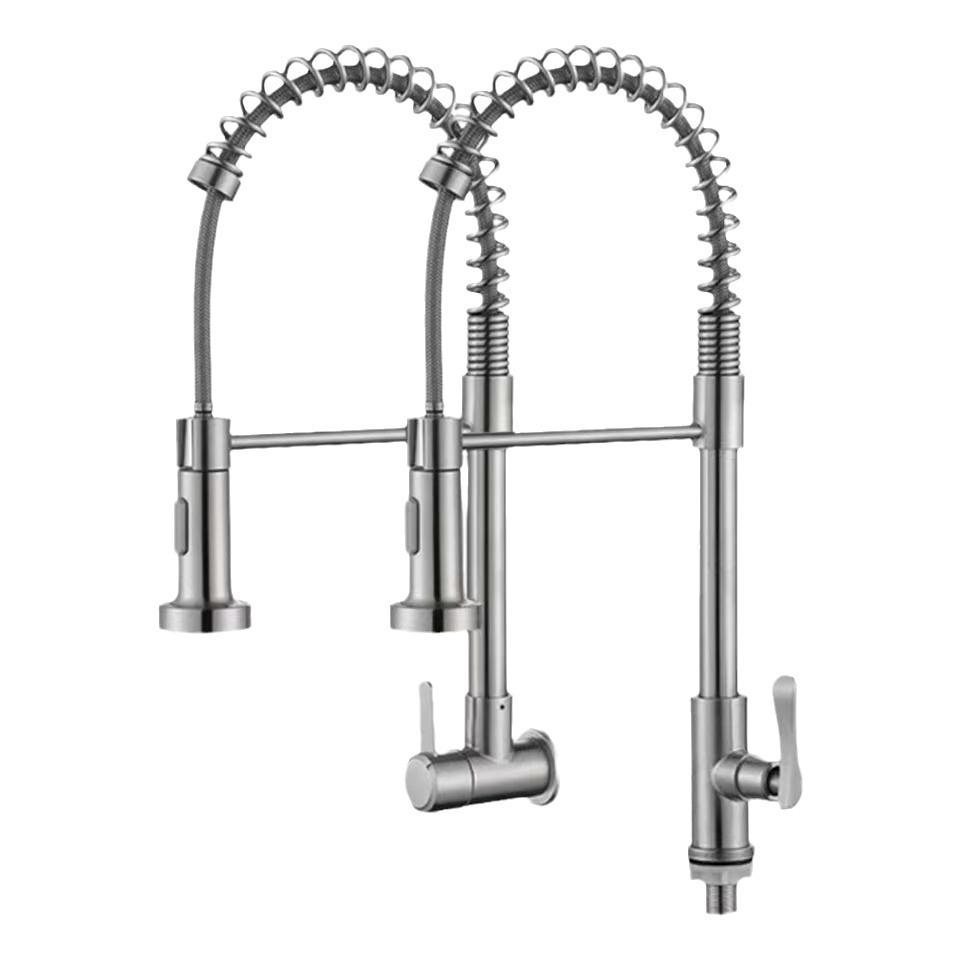 Hot Sale Commercial Single Handle SUS 304 Sink Faucet Wall Mounted Single Cold Taps Pull Down Sprayer Spring Kitchen Faucet