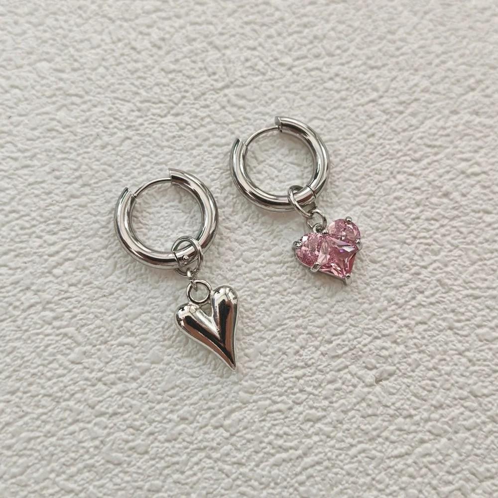Sweet Pink Love Heart Zircon Pendant Earrings for Women Fashion Y2K Simple Geometric Ear Buckle Party Jewelry Accessories Gifts