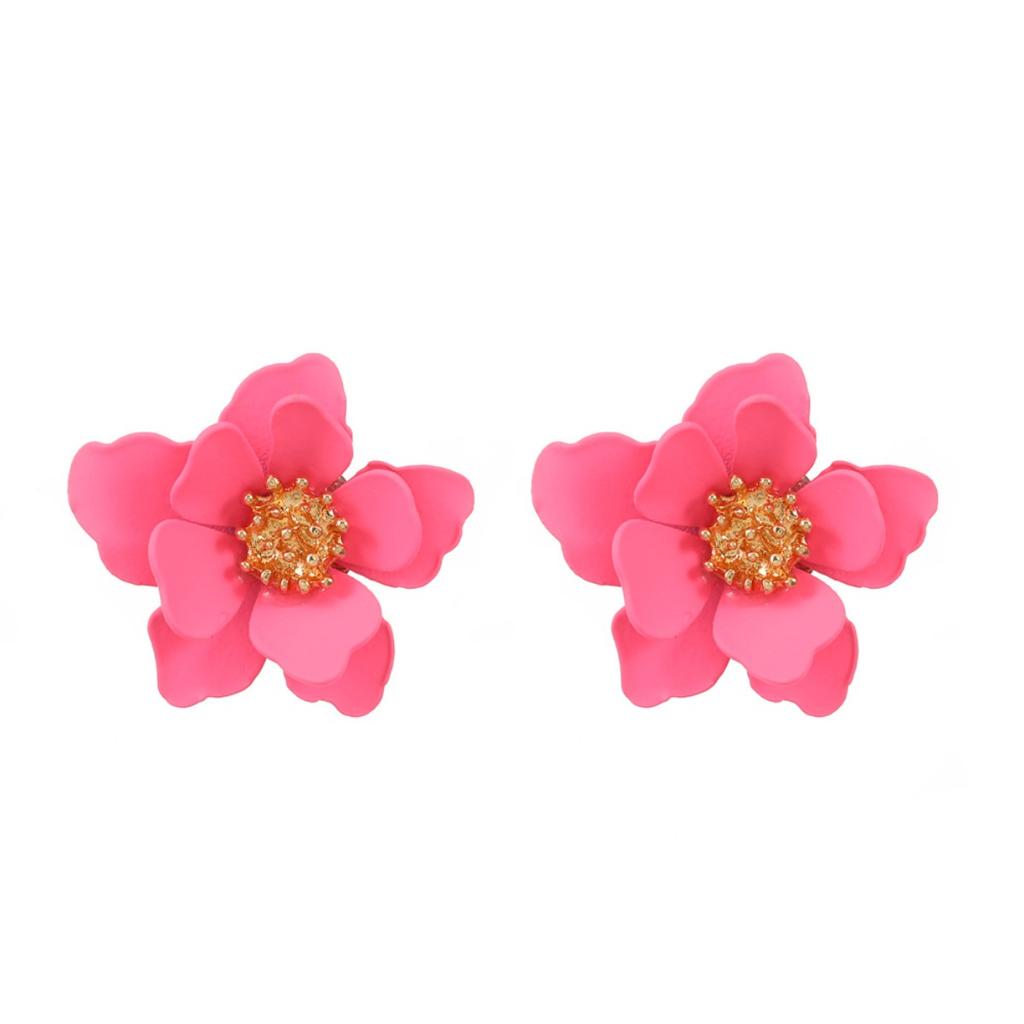 Matte Pink Layered Flower Stud Earrings Sparkly Bead Center Three Dimensional Floral Ear Jewelry for Women Summer Daily Wear
