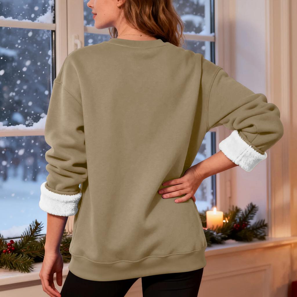 Women's Casual Fashion RoundNeck Pullover Top Winter Solid Color Plush Sweatshirt