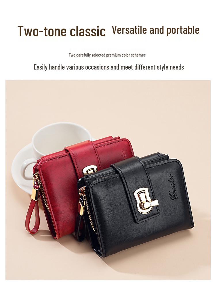 2025 Women's Genuine Leather Short Wallet - Multi-Card Slot, Large Capacity, Coin Purse, Cowhide, Korean Style, Buckle Closure.