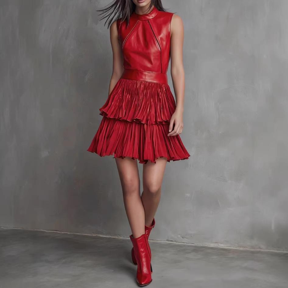 Leather Sleeveless Layered Dress - Spring/Summer Fashion Trend, European American Style
