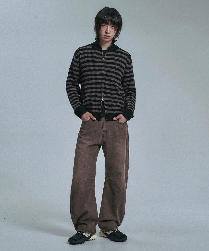 MOO Striped High-Neck Knit Zip-Up - Black