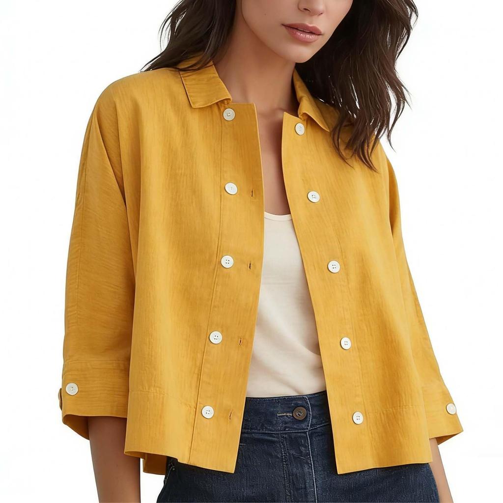 Women's Fashion -Color Cotton And Linen Double-breasted Short Half-sleeved Cardigan Top