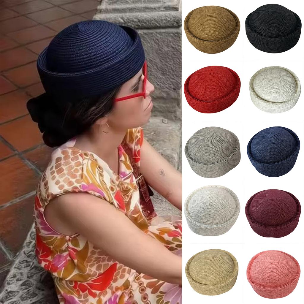 Women Vacation Straw Pillbox Hat Beret Style Round Crown Lightweight Breathable Summer Headwear for Outdoor Activities Travel