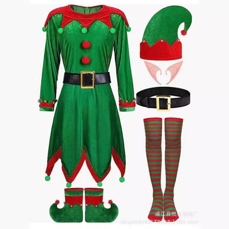 Beautiful Christmas Children's Christmas Elf Costume, Parent-Child Clothing Red Striped Hooded Dress Women's Clothing