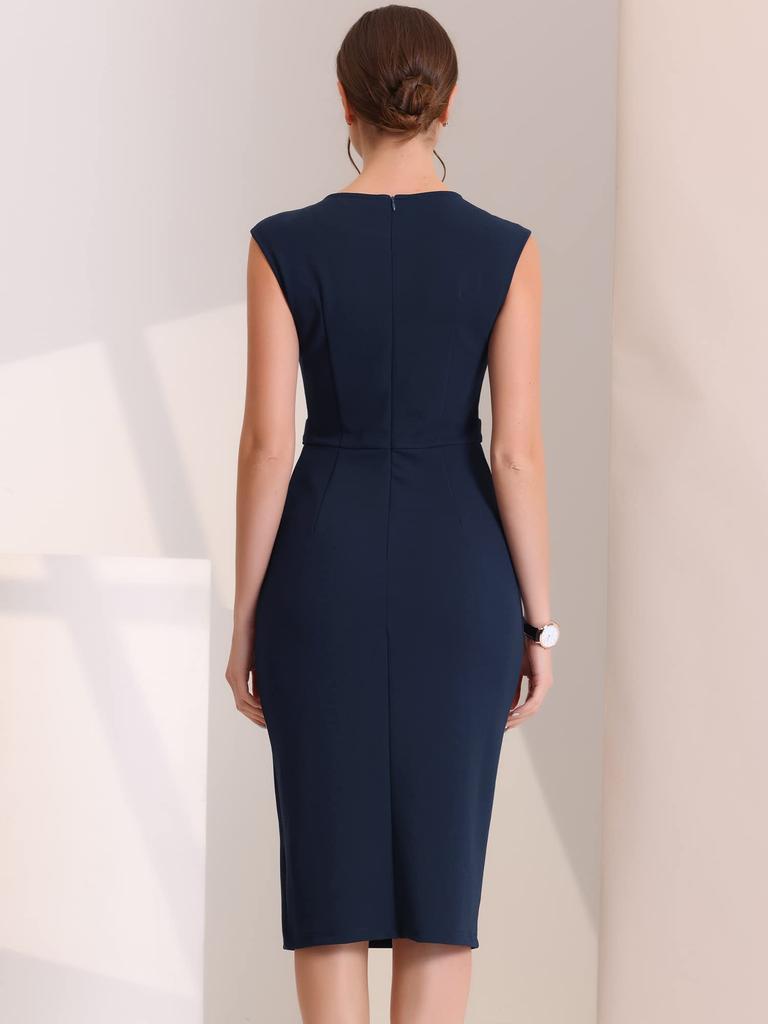 Allegra K Women's Navy Blue Sheath Pencil Dress, Round Neck, Slim Fit, Sleeveless, Workwear, Size S