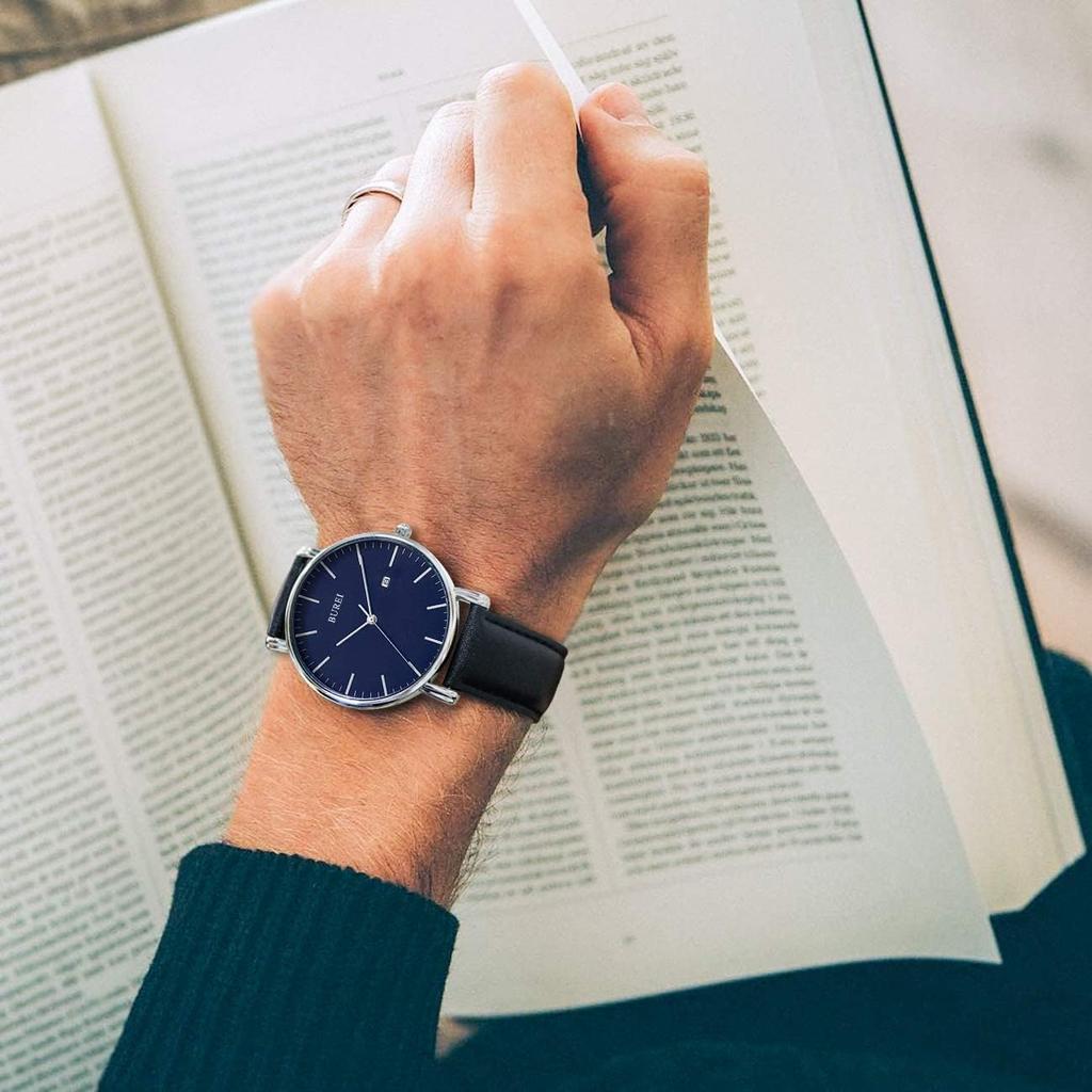 Leather Strap Brand Date Slim Watch [BUREI] Men's Watch, Name, Simple, Waterproof, Analog, Business, Casual, Popular, Display, Quartz, Black, Stylish,