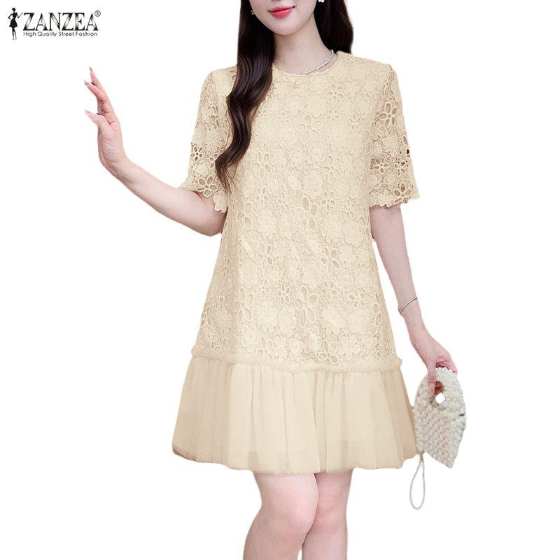 ZANZEA Women Casual Round Neck Short Sleeve Patchwork Lace Crochet Dress