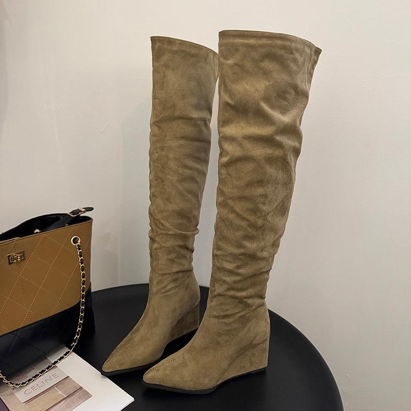 Wedges Women's High Boots High Heels Fad Pointed Toe Shoes  Luxury Pumps Long Boots New Elegant Dress Chelsea Mujer Botas