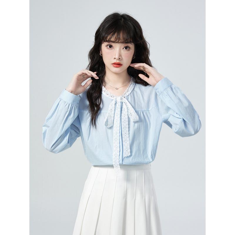 2026 Spring Lace Tie Loose Collar Long Sleeve Women's Shirt
