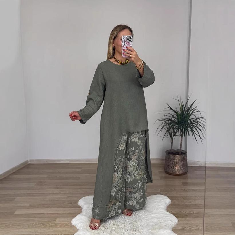 2025 Women's Casual Cotton Linen Irregular Top & Wide-Leg Pants Set with Pockets