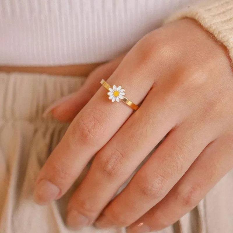 Fashion for Creative Rose Gold Spin Ring For Women Daisy Flower Rotatable Rings Adjustable Wedding Party Jewelry Gift