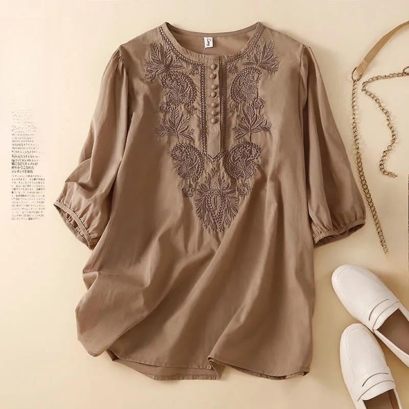 

Short Sleeve Summer Literary Retro Loose Design Sense Embroidery Round Neck Thin Cotton and Linen Women s Top M хаки