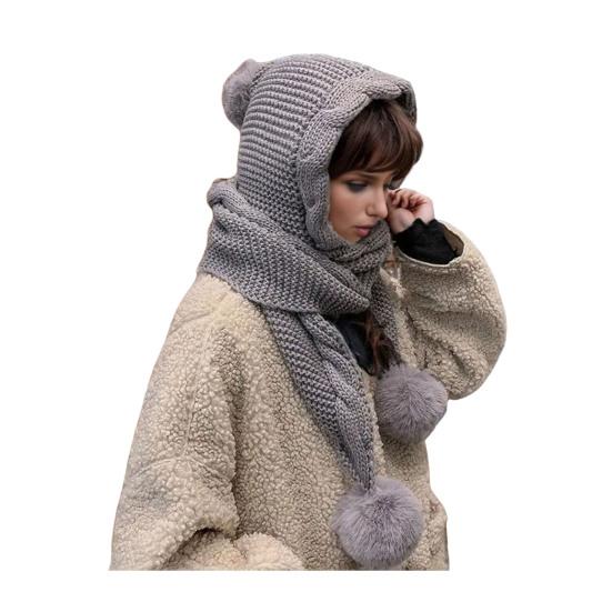 

Зимняя теплая вязаная шапка с помпоном, твистовым узором, однотонная, с текстурой, с капюшоном, шарф-шапка серый