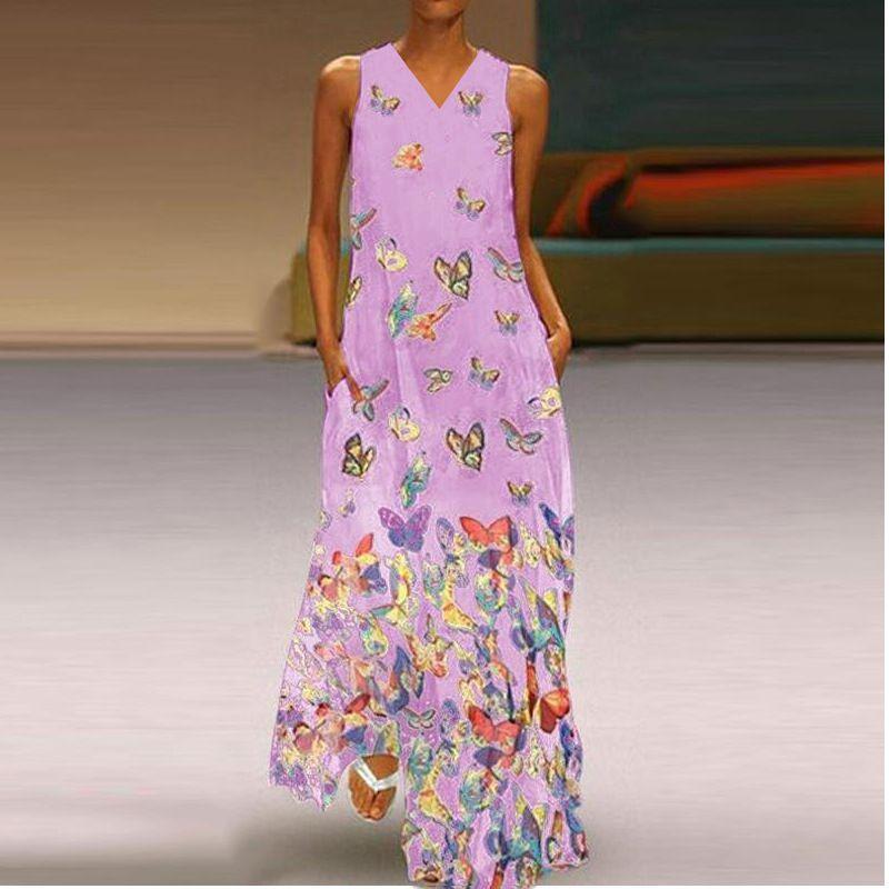 

Elegant Women Sleeveless Bohemia Long Maxi Dress For Summer Beach Parties In Plus Sizes LightPurple Butterfly,3XL
