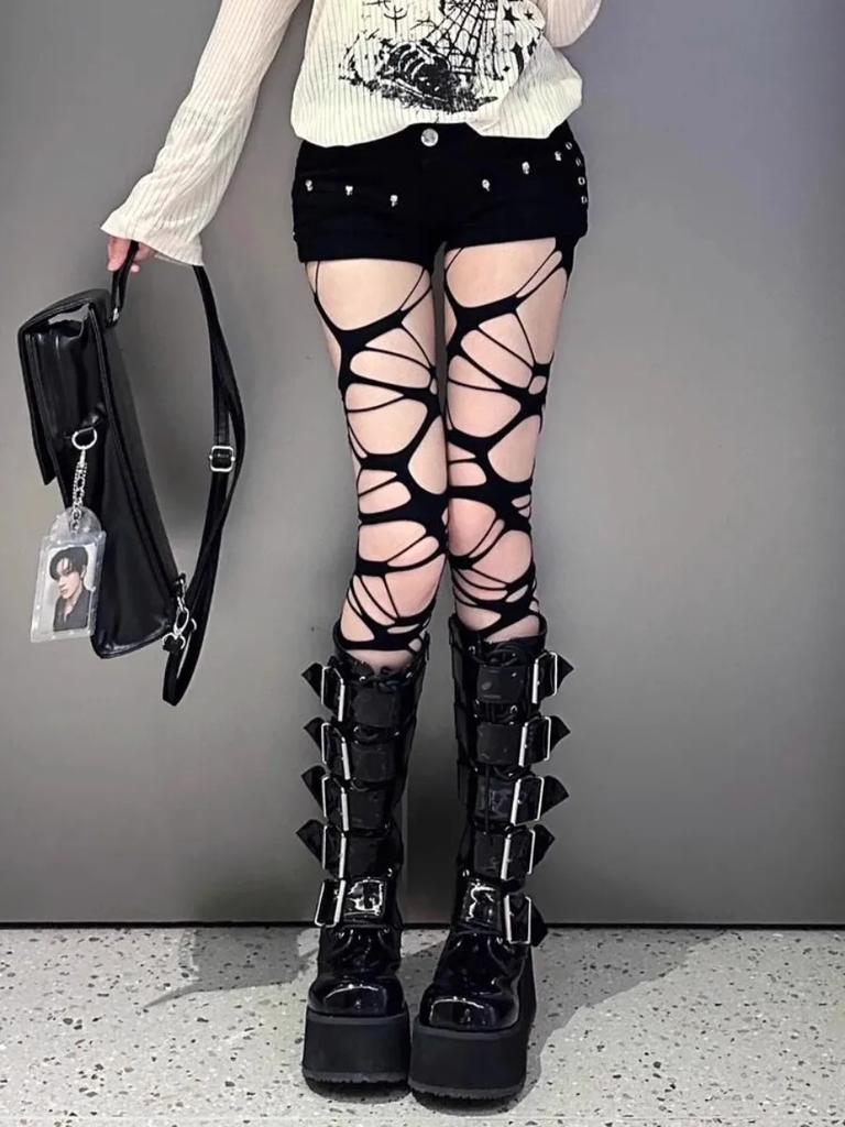 Y2K Hollow Out Stockings Women Punk Sexy Tights Leggings Jk Lolita Over The Knee Hosiery Female Broken Hole Fishnets Long Sock