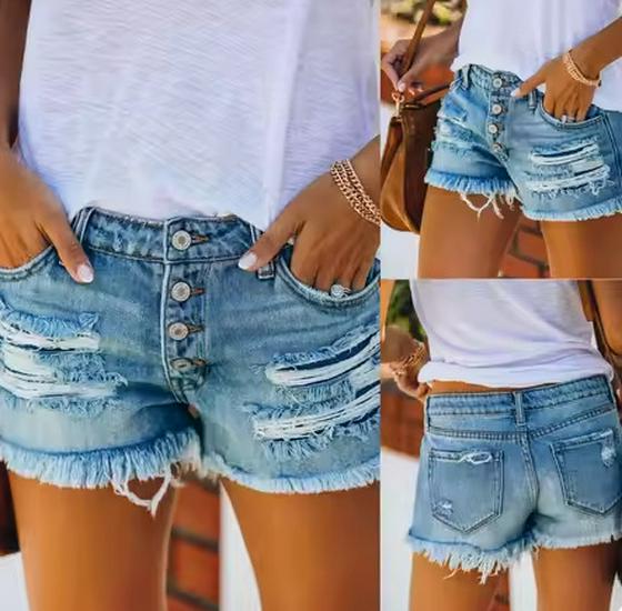 High-Waisted Ripped Washed Denim Shorts - Women's Summer Hot Pants