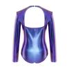 Kids Halloween Alien Leotard Metallic Long Sleeve Cutout Back Bodysuit for Dance Gymnastics Theme Party Performance
