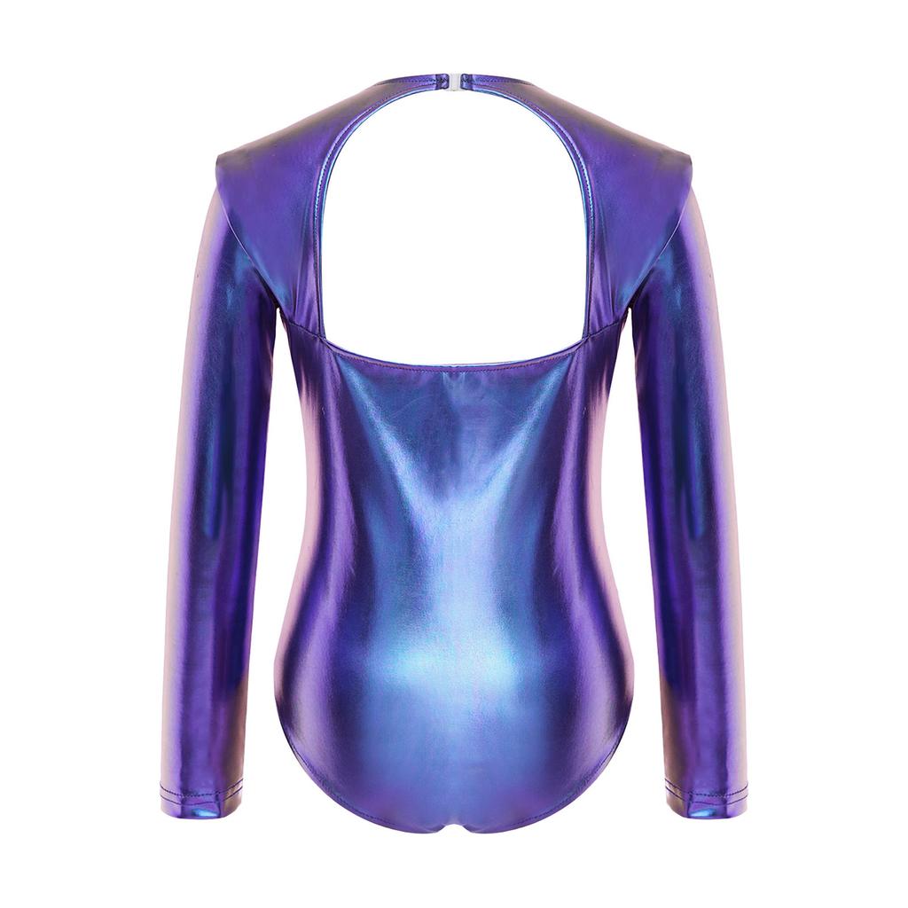 Kids Halloween Alien Leotard Metallic Long Sleeve Cutout Back Bodysuit for Dance Gymnastics Theme Party Performance