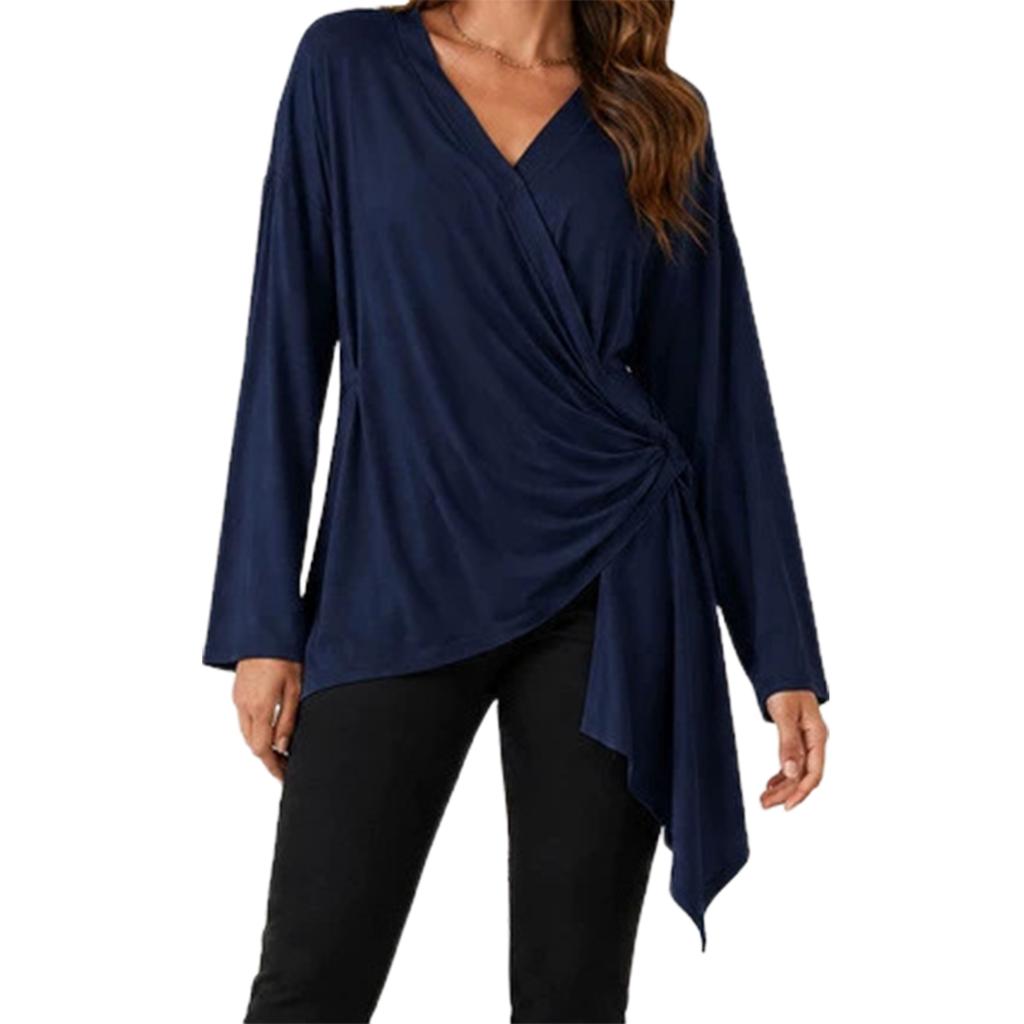 Women's Elegant V Neck Long Sleeve Top Color Casual Blouse for Everyday Wear