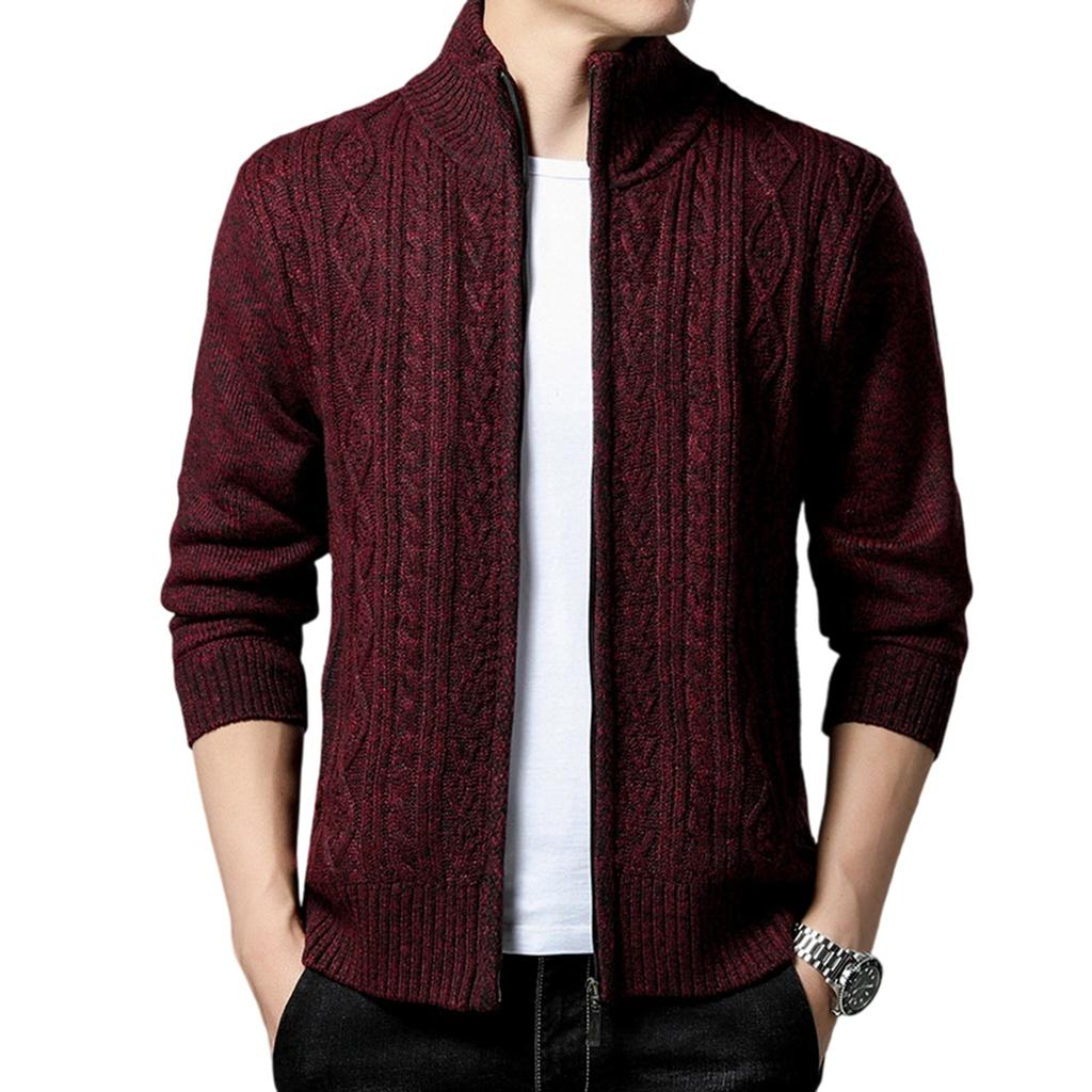 Men's  Standing Collar  Add Cotton  Adding Fleece  Thickened  Long Sleeves  Color Matching  Cardigan  Knitting  Sweater  Coat