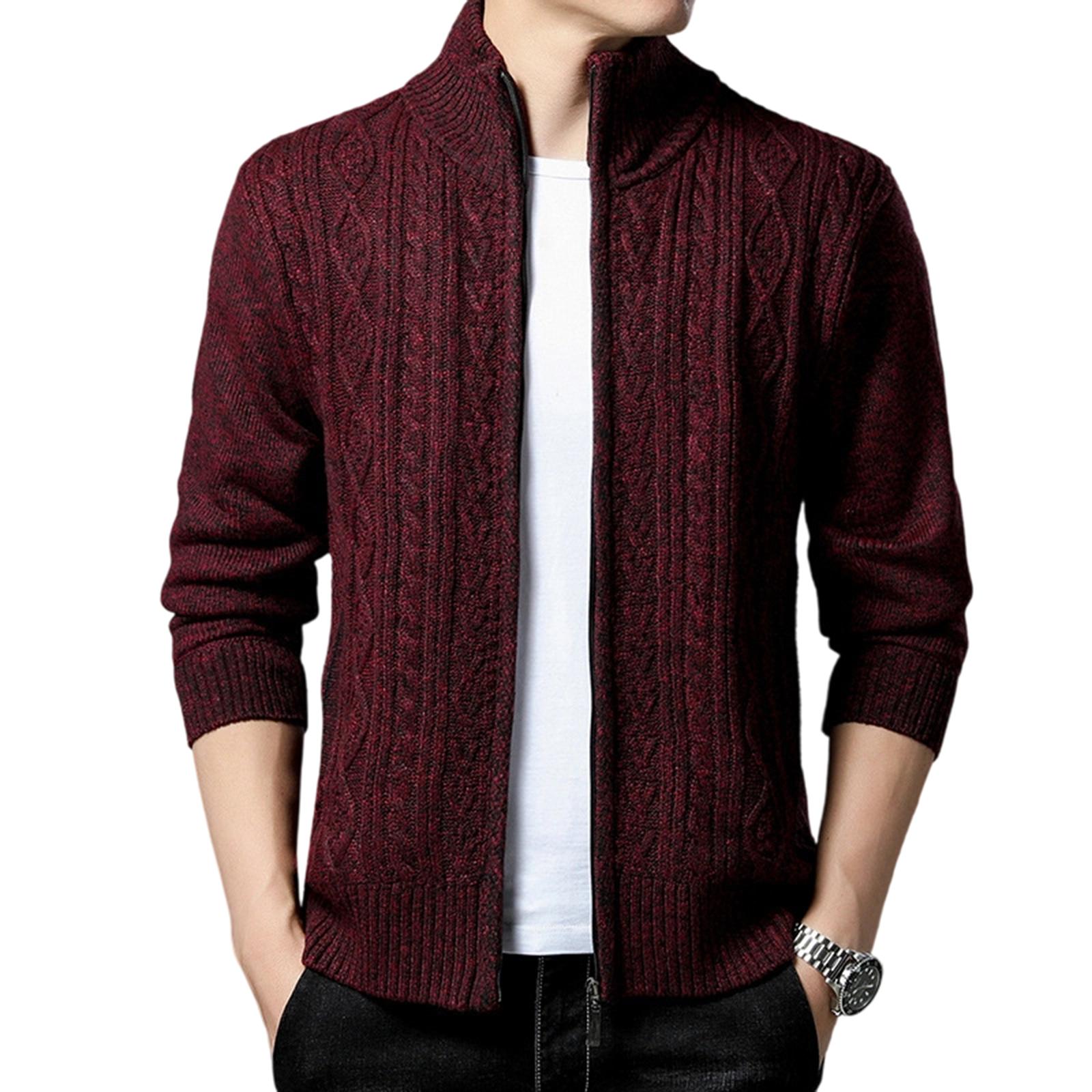 

Мужской Стойка Добавить Хлопок Добавление Флиса Утепленный Длинные Рукава Сочетание Цветов Кардиган Вязание Свитер Пальто XL винный