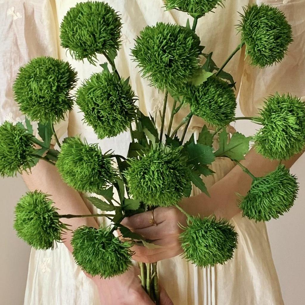Three-Headed Soft Touch Artificial Green Pom-Pom Flower for Floral Arrangements