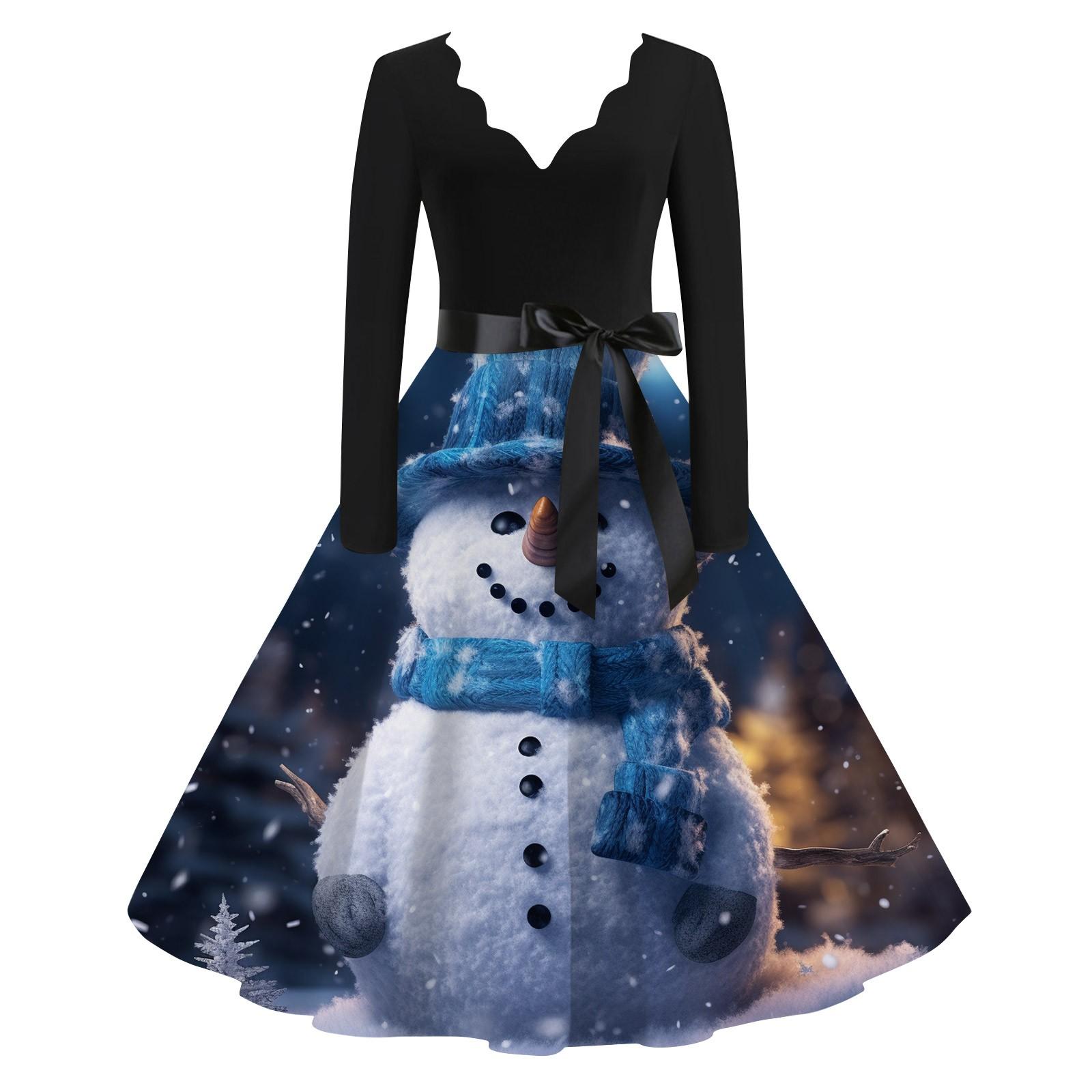 Женское повседневное и модное рождественское платье с V-образным вырезом и большим подолом — фото 4