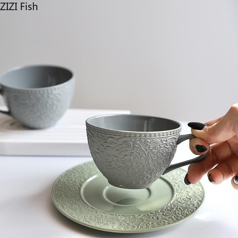 Flower Relief Ceramic Cup&saucer Floral Pattern Coffee Mug Dining Table Milk Mugs Afternoon Tea Teacup Fruit Juice Container