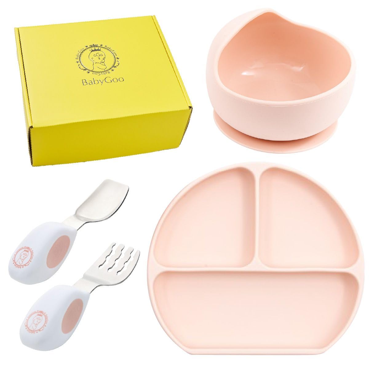 

BabyGoo® Премиальный набор детской посуды - Непроливающийся, Легкий в использовании для малышей, Присоски, Силикон, Прилипает к еде, Популярный подарок на детский праздник, Тарелка, Миска