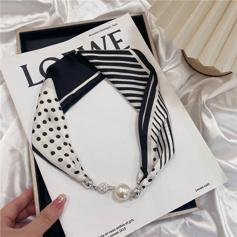 Luxury Design Magnetic Button Summer Silk Scarf Women Magnetic Pearl Necklace Scarves High End Matching Shirt Scarf Lady