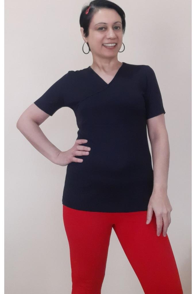 Tricou de mărime mare pentru femei Tricou negru din bumbac pieptănat, din viscoză, cu două pieptări în față