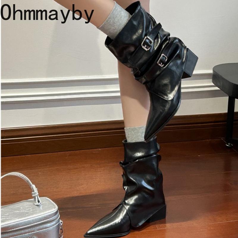 Podzim Zima Dámské Kotníkové Boty na Silném Podpatku Módní Pásek s Přezkou Špičaté Boty Dámské Skládané Svršek Krátké Dámské Kotníkové Boty