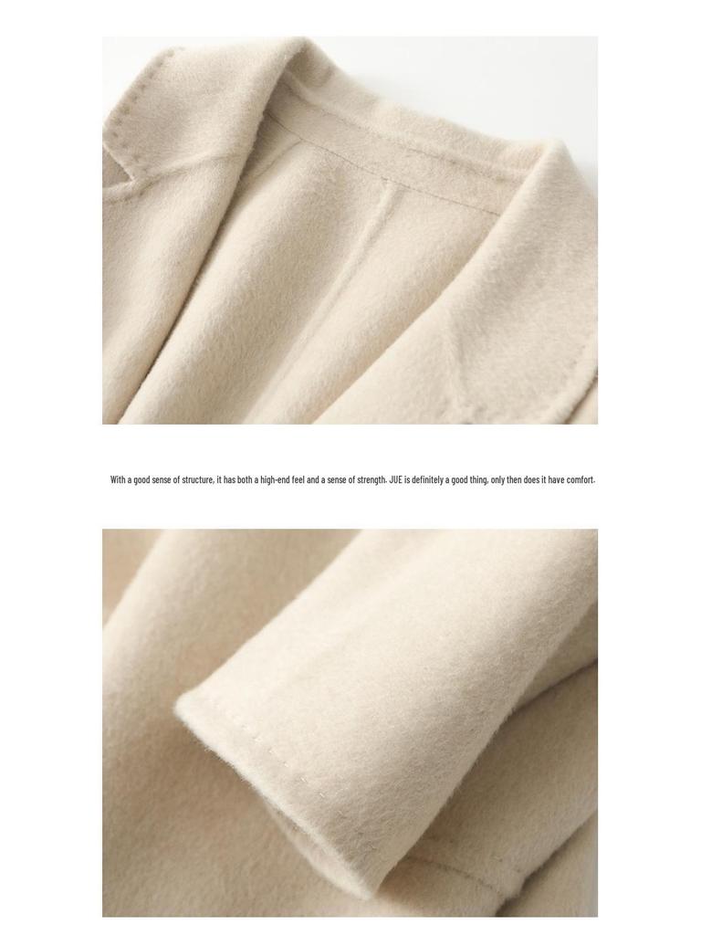 Petite Women's Mid-Length Camel Wool Coat - Loose Double-Faced Cashmere with Tie-Waist for Autumn and Winter.