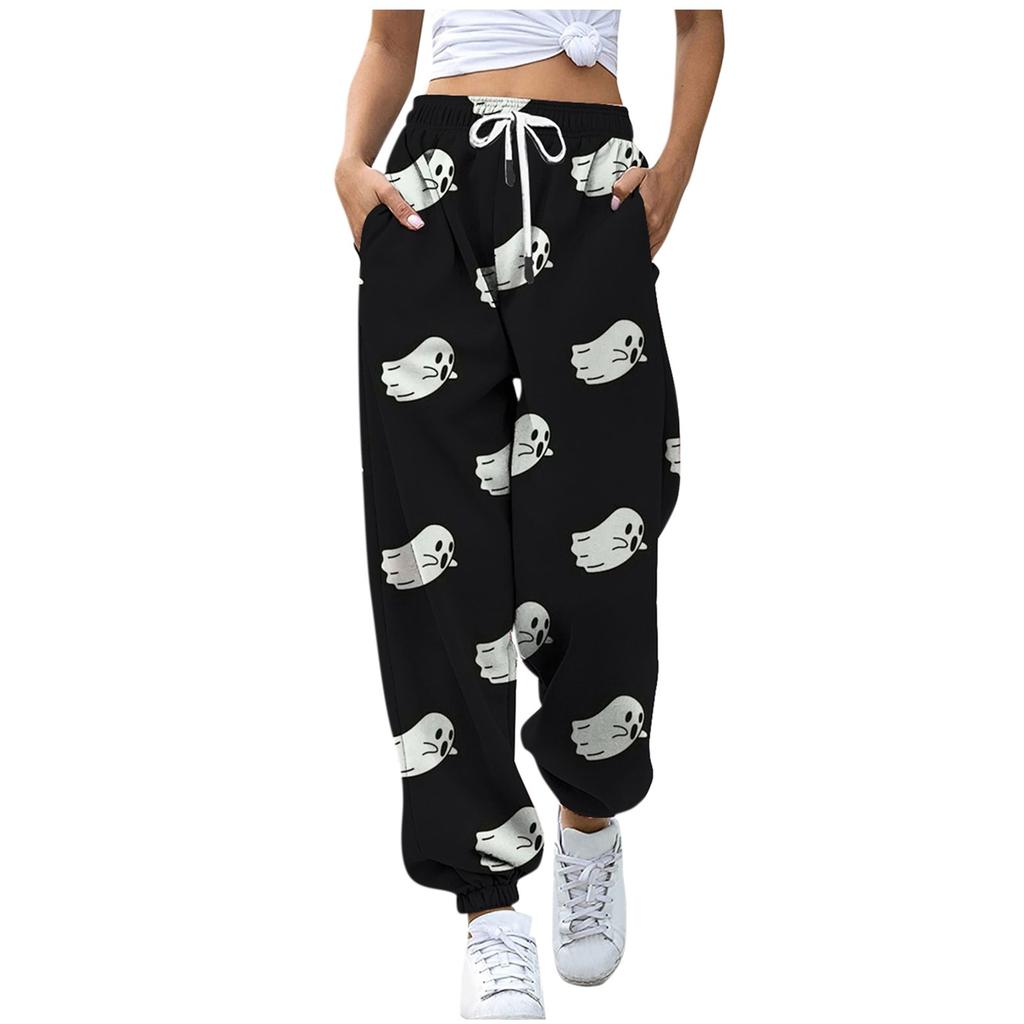 Uformelle bukser med halloweentrykk for kvinner Snøring Elastisk midje Snøringsbukser med lommer