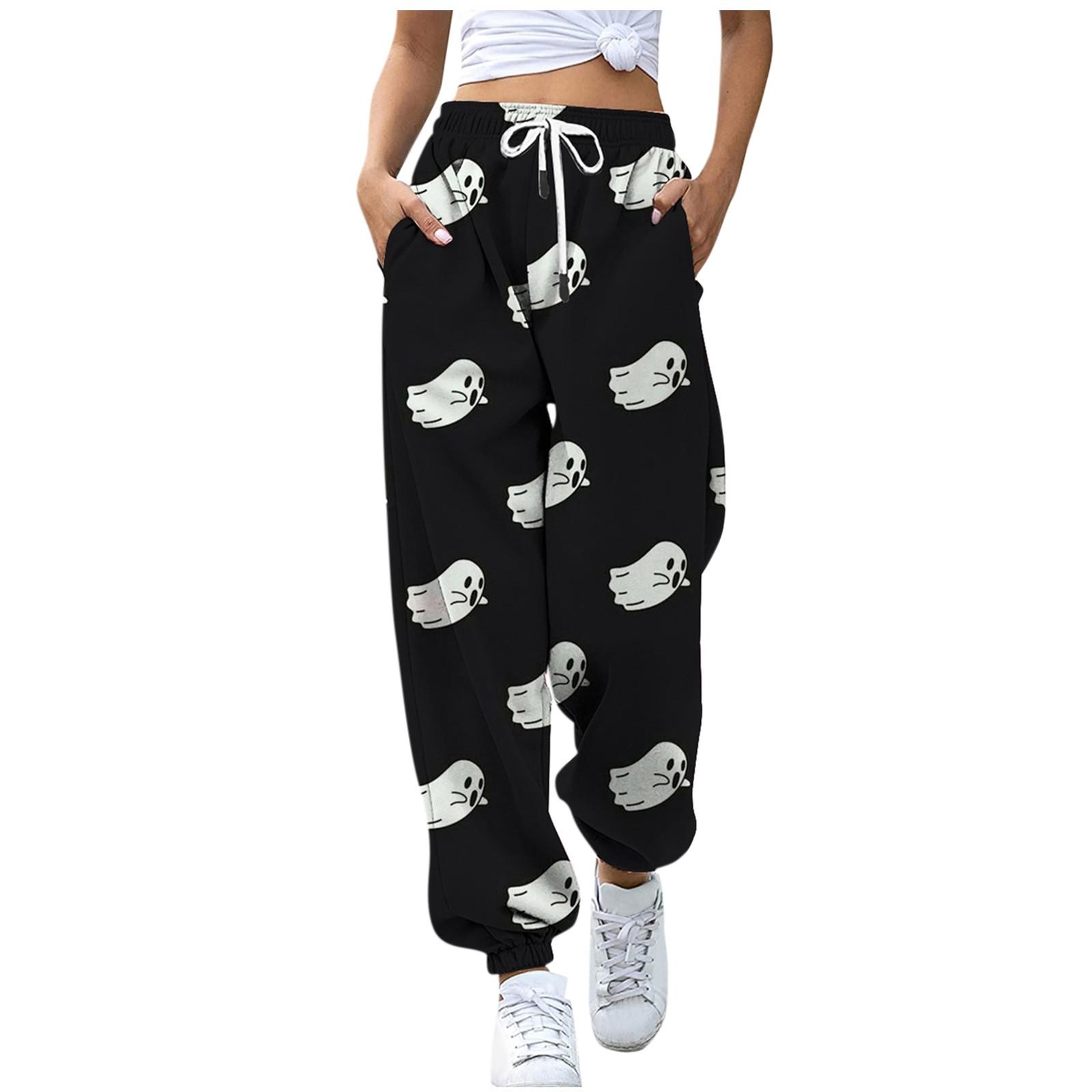 

Жіночі повсякденні штани з принтом на Хеллоуїн, штани з кишенями та еластичною талією. L чорний