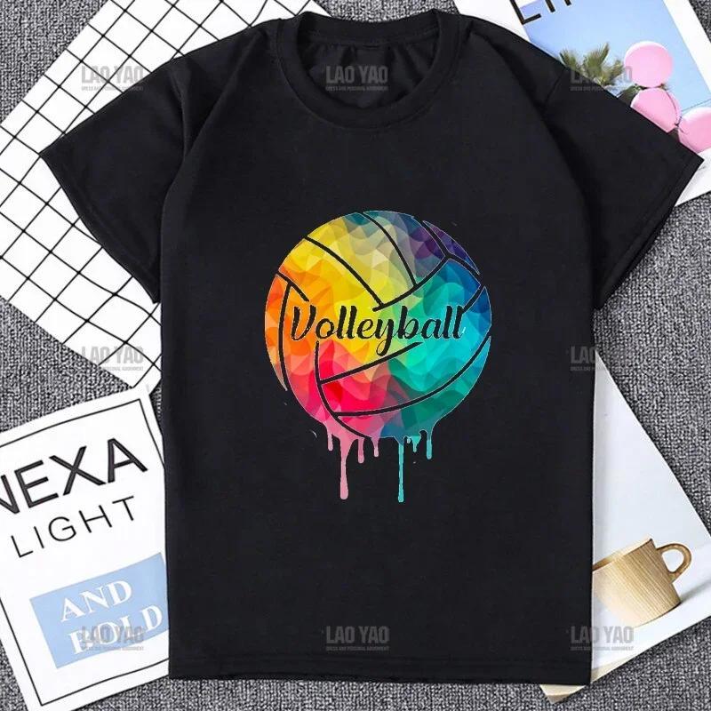 Farbenfrohes Volleyball Kurzarm Damen T-Shirt Harajuku Niedlich Bunter Ball Print Bequemes Herren T-Shirt Lässige Mode Lockeres T-Shirt