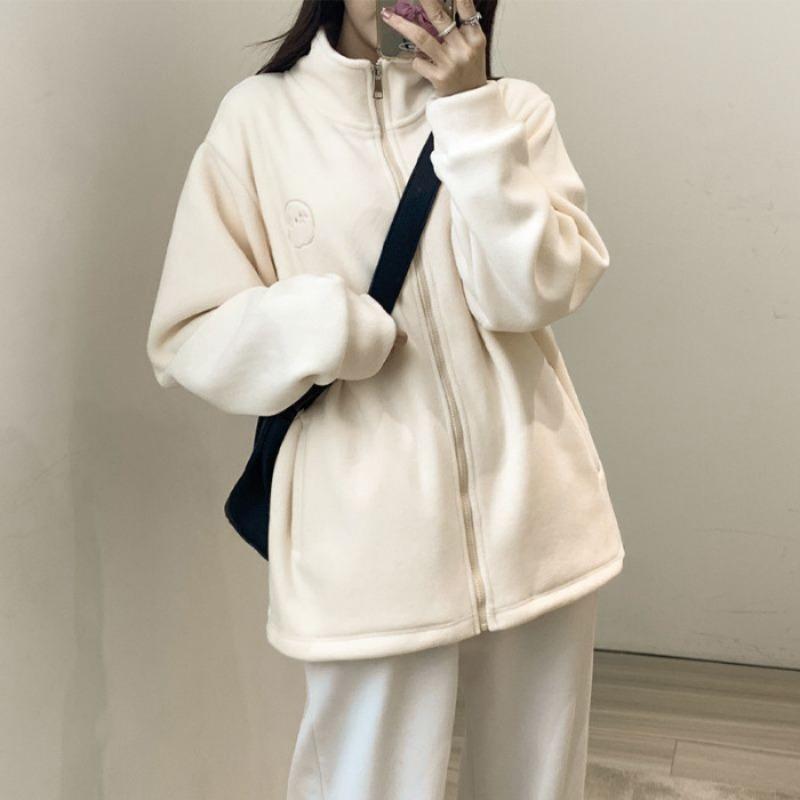 Small double-sided fleece jacket women's autumn and winter fleece thickened fleece sweater women's stand-up collar zipper cardigan